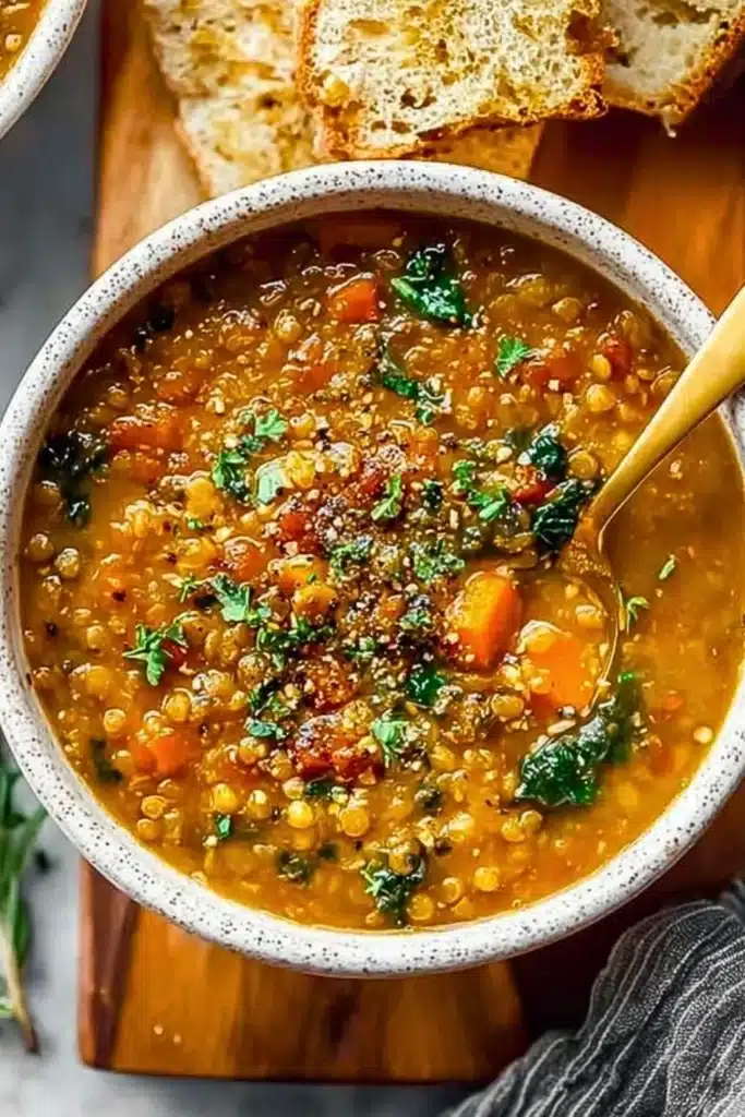Bowl of healthy and easy lentil soup with vegetables and herbs