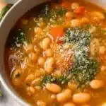 Healthy white bean soup in a bowl with fresh herbs and vegetables