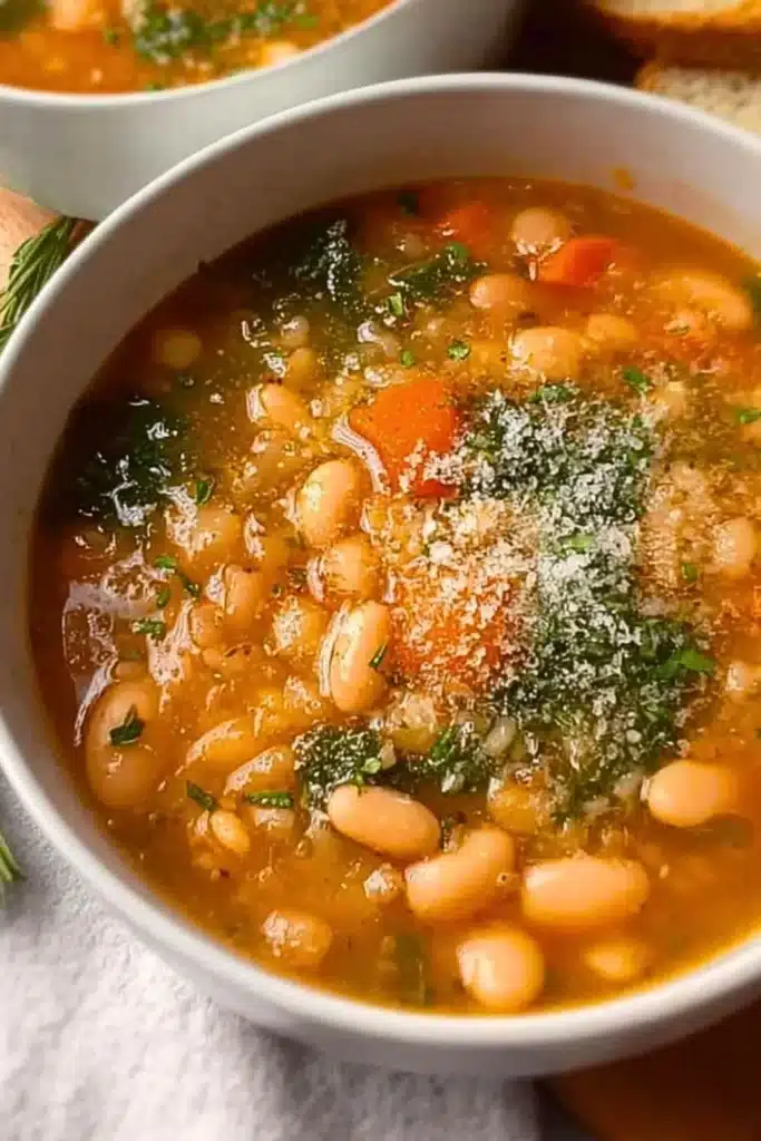Healthy white bean soup in a bowl with fresh herbs and vegetables