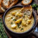 Hearty cheddar garlic herb potato soup in a bowl, garnished with herbs