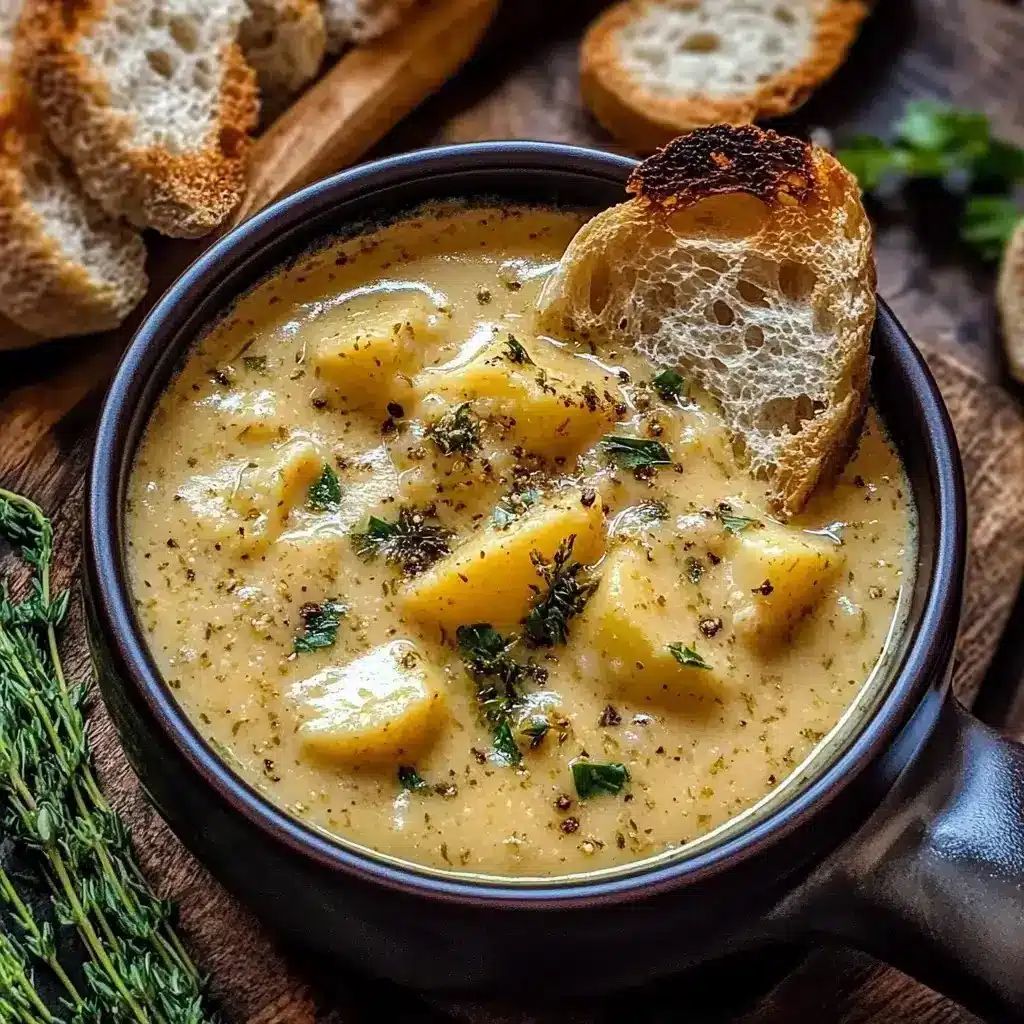 Hearty cheddar garlic herb potato soup in a bowl, garnished with herbs