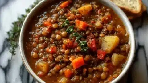 Bowl of hearty lentil stew with vegetables and spices