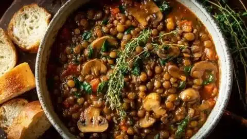 Bowl of hearty vegan lentil mushroom stew with fresh herbs