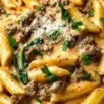 Creamy beef pasta garnished with herbs, showcasing a high protein dish.