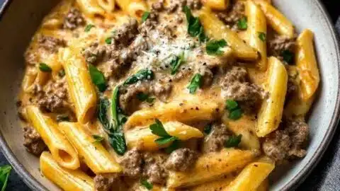Creamy beef pasta dish with herbs and cheese