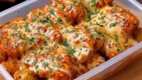 Creamy garlic cheesy chicken and potatoes served in a bowl