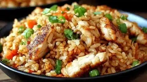 Bowl of crispy garlic chicken fried rice with colorful vegetables and herbs