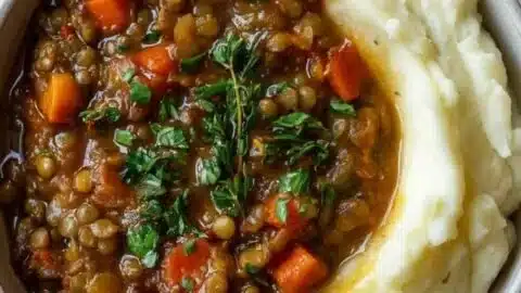 High protein lentil stew served over mashed potatoes in a bowl