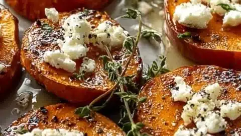 High protein roasted sweet potato rounds with honey and feta topping