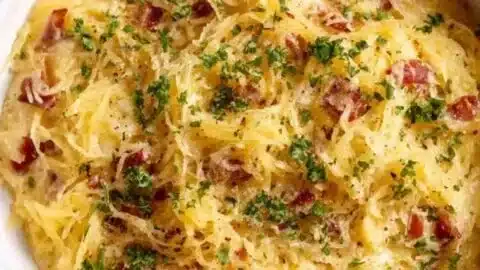 High-protein spaghetti squash carbonara served in a bowl