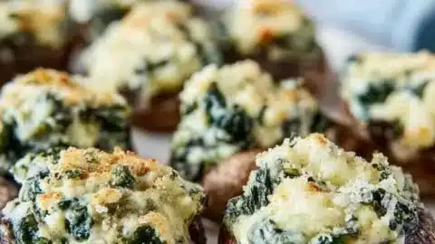 High protein spinach dip stuffed mushrooms served on a platter