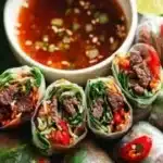 Delicious high protein Thai Basil Beef Rolls served on a plate