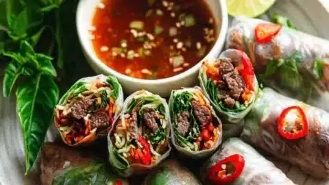 High-protein Thai basil beef rolls served on a plate with fresh herbs.