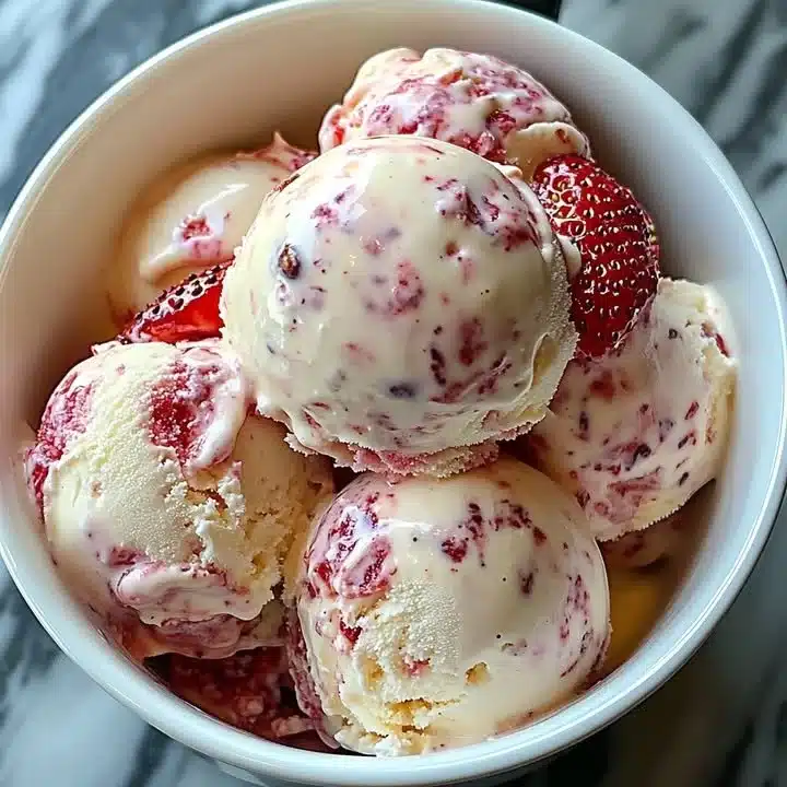 Homemade strawberry vanilla bean ice cream in a bowl garnished with fresh strawberries.