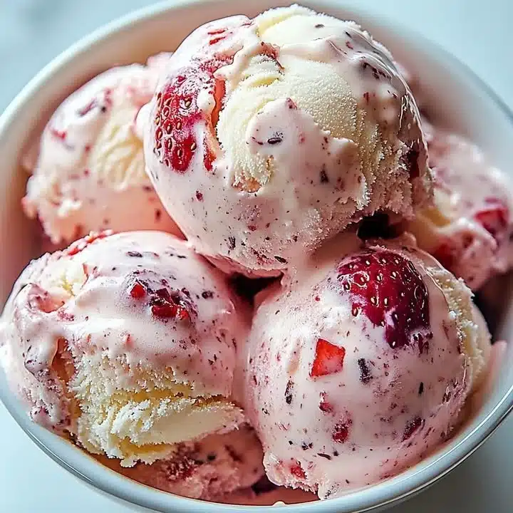 Homemade strawberry vanilla bean ice cream in a bowl garnished with fresh strawberries.