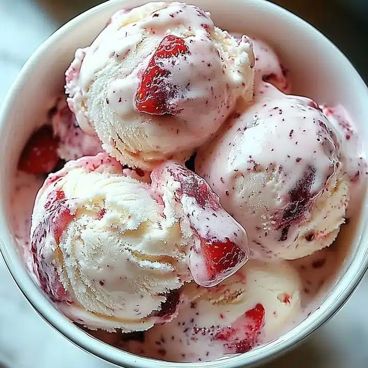 Bowl of homemade strawberry vanilla bean ice cream topped with fresh strawberries