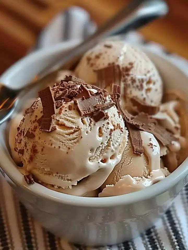 Homemade Baileys ice cream served in a bowl with a scoop and chocolate drizzle