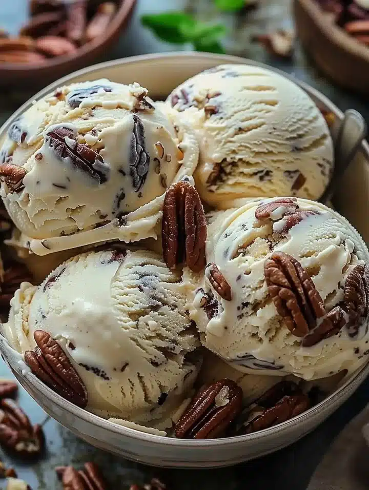 Delicious homemade butter pecan ice cream in a bowl with pecans on top