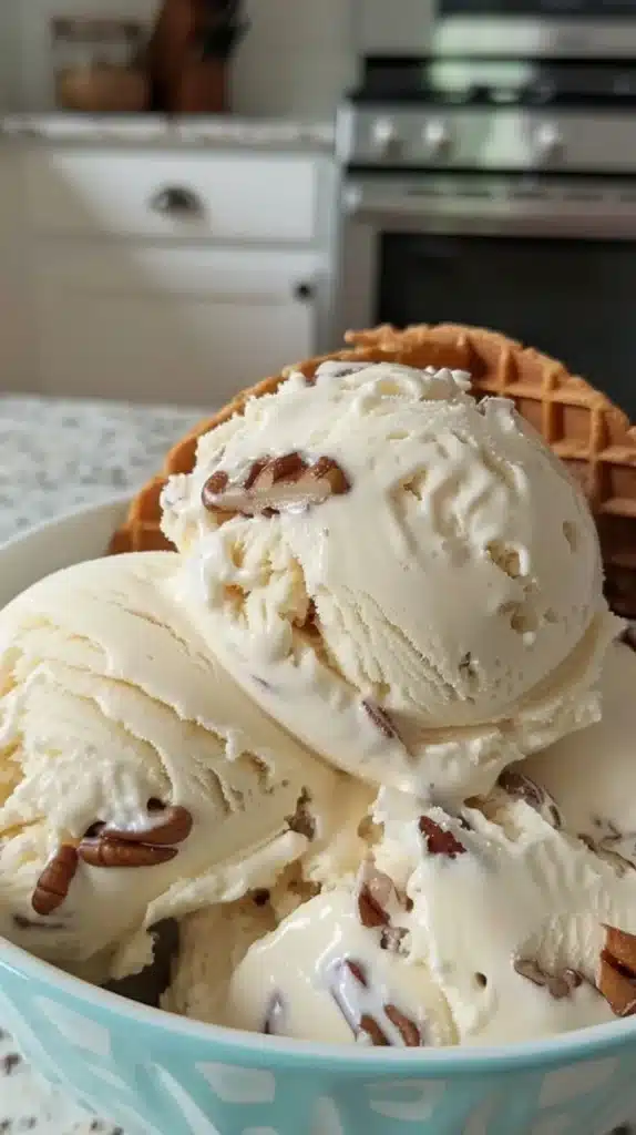 Bowl of homemade butter pecan ice cream with crunchy pecans on top