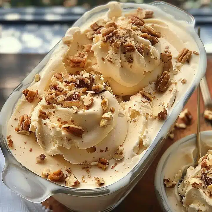 Delicious homemade butter pecan ice cream in a bowl with pecans on top.