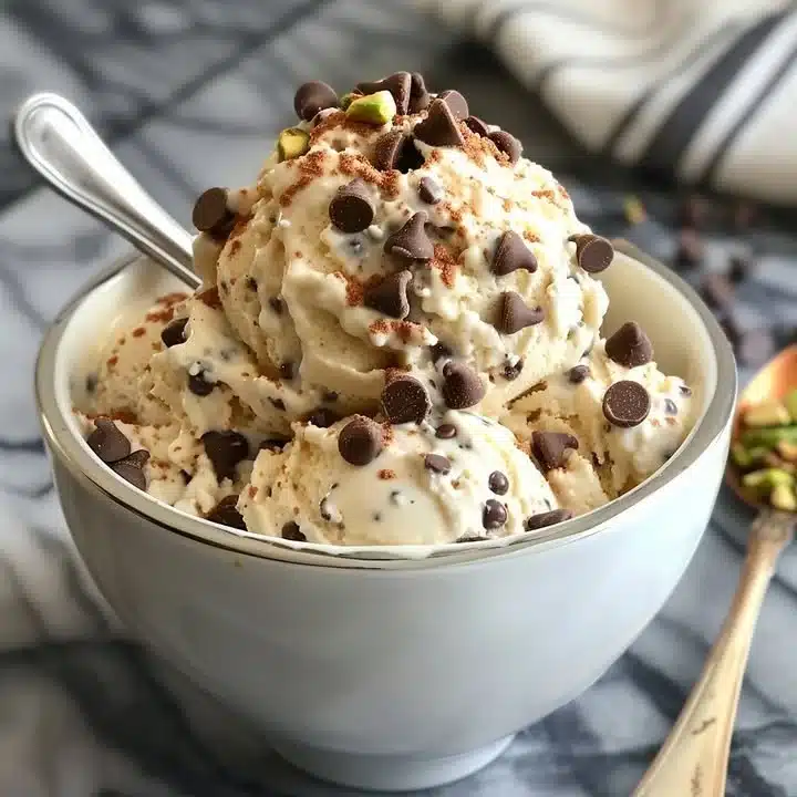 Homemade cannoli ice cream served in a bowl topped with chocolate chips and nuts