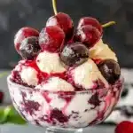 Bowl of homemade cherry vanilla ice cream garnished with cherries