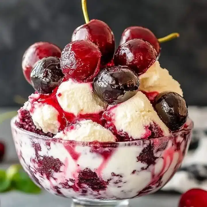 Bowl of homemade cherry vanilla ice cream garnished with cherries