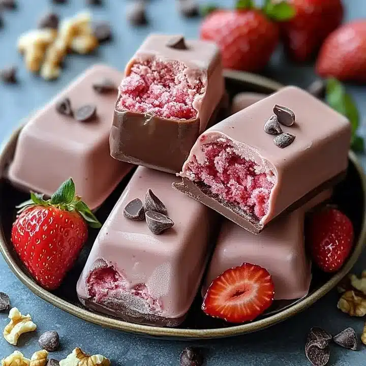 Delicious homemade chocolate-strawberry ice cream bars on a plate