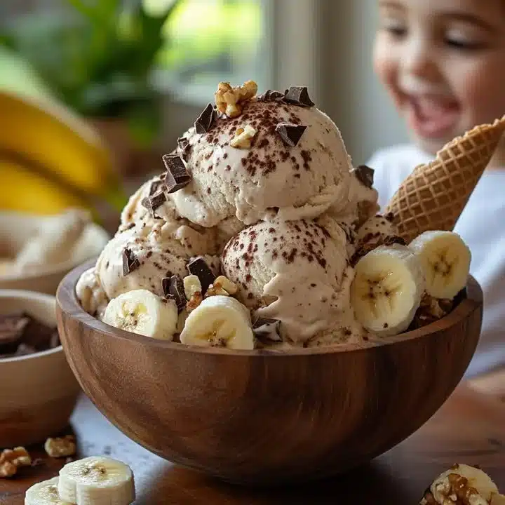 Bowl of homemade Chunky Monkey ice cream with bananas and chocolate