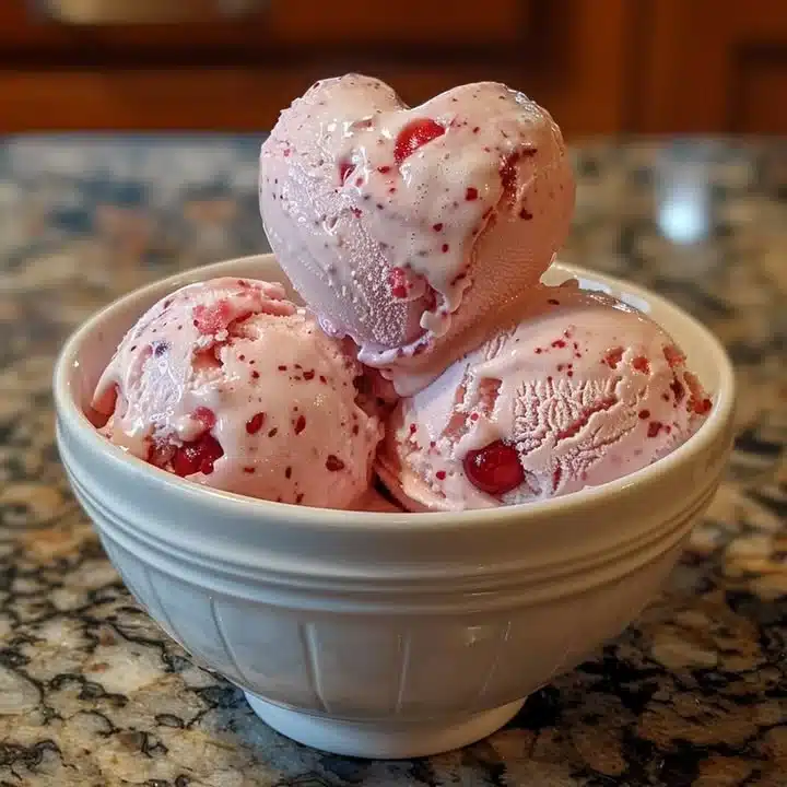 Bowl of homemade Cupid's Cherry Bliss Ice Cream with cherry toppings