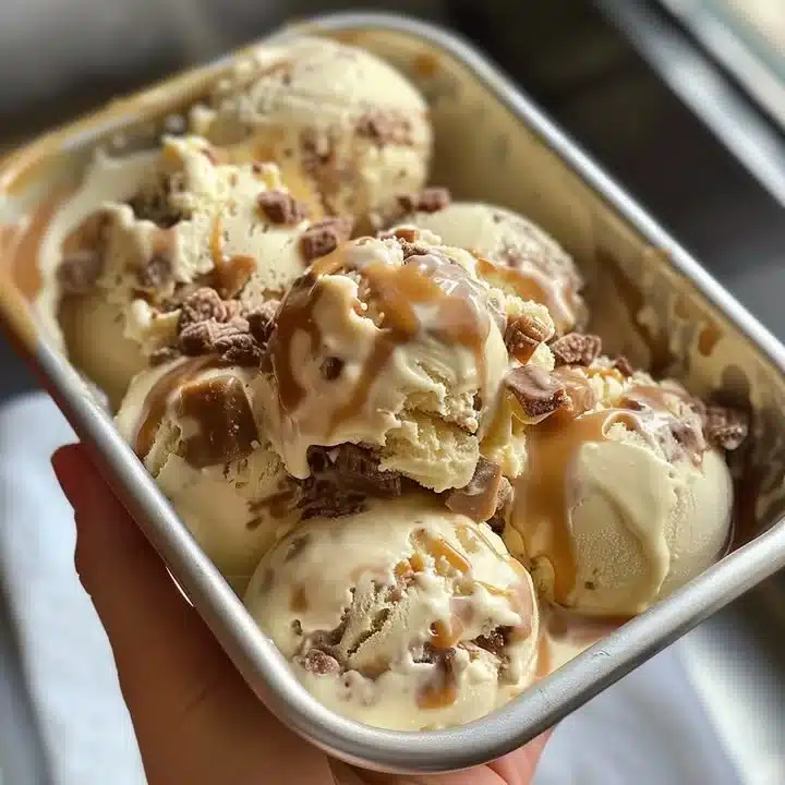 Homemade Cupid's creamy caramel ice cream in a bowl