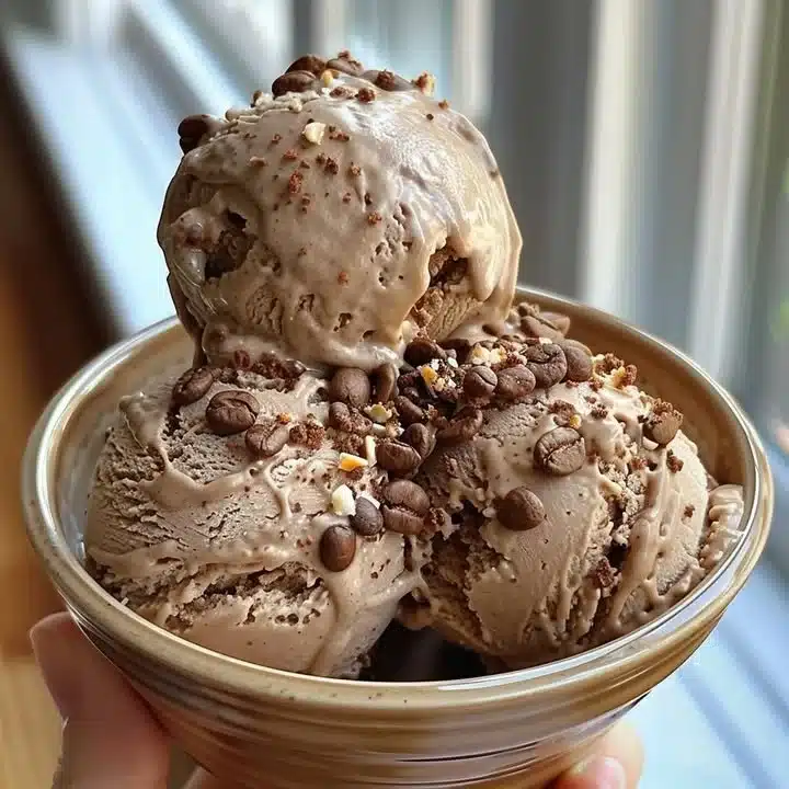 Delicious homemade espresso ice cream served in a bowl with coffee beans