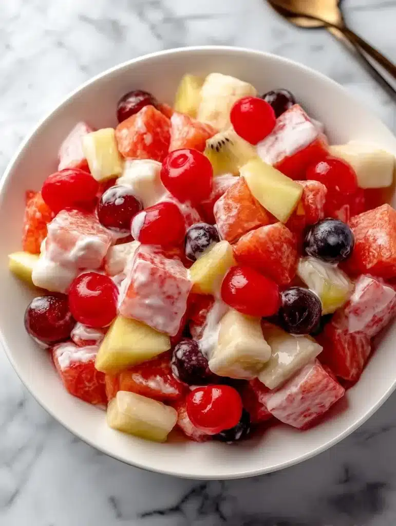 Colorful homemade fruit salad with fresh fruits in a bowl