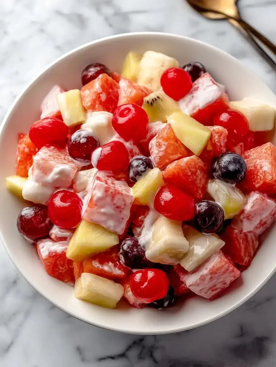 Colorful homemade fruit salad with fresh fruits in a bowl