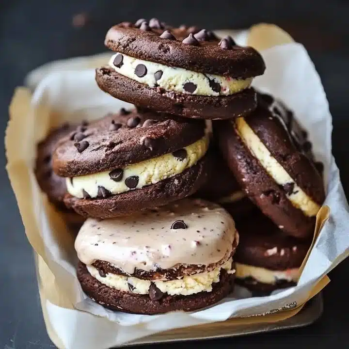 Delicious homemade ice cream sandwiches with chocolate cookies and vanilla filling