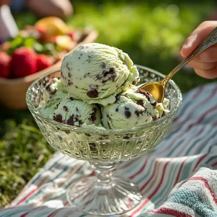 Bowl of homemade mint chocolate chip ice cream with chocolate chips and mint leaves.