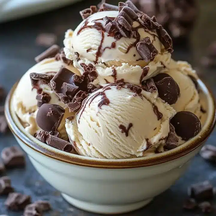 Bowl of homemade moose tracks ice cream with chocolate and peanut butter swirls