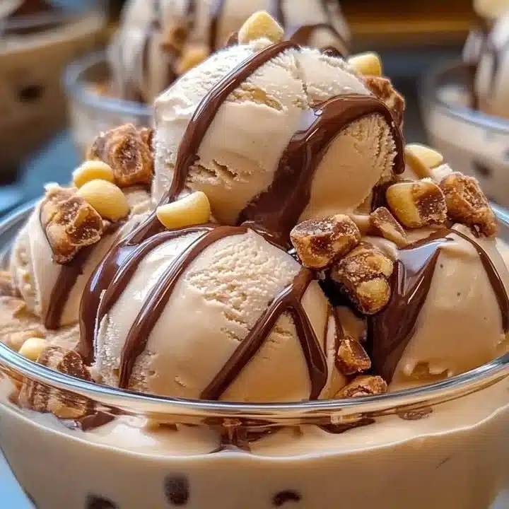 Delicious homemade Moose Tracks Ice Cream with chocolate swirls and peanut butter cups