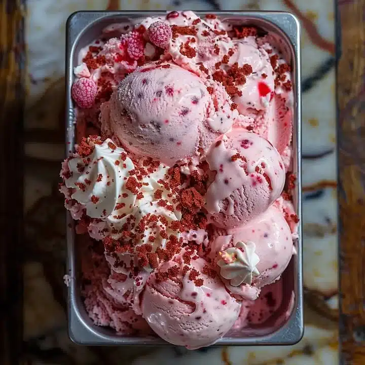 Homemade pink velvet ice cream in a bowl topped with sprinkles