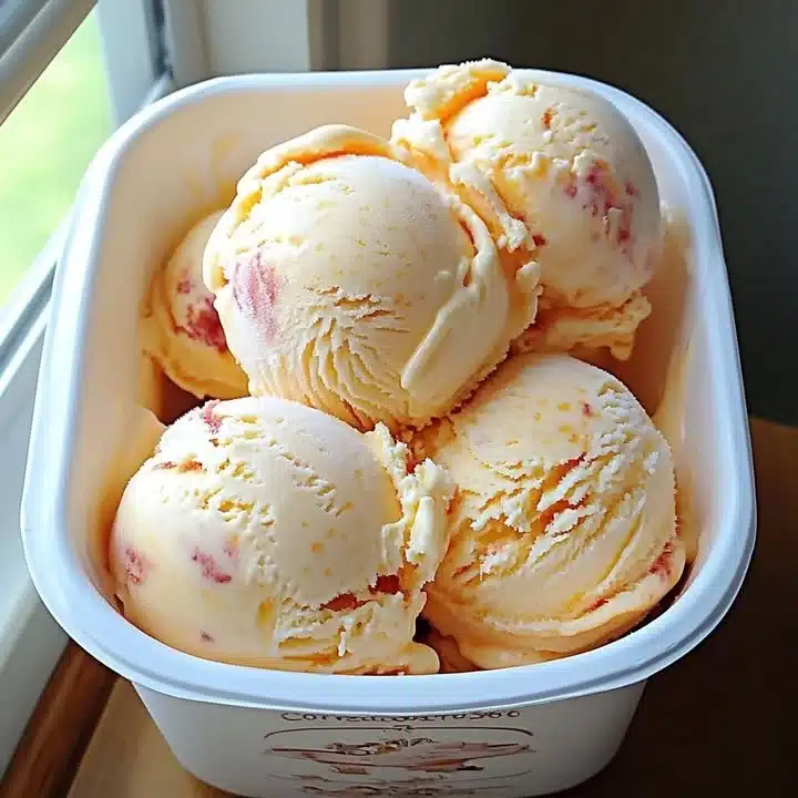 A bowl of homemade peach ice cream topped with fresh peaches and mint