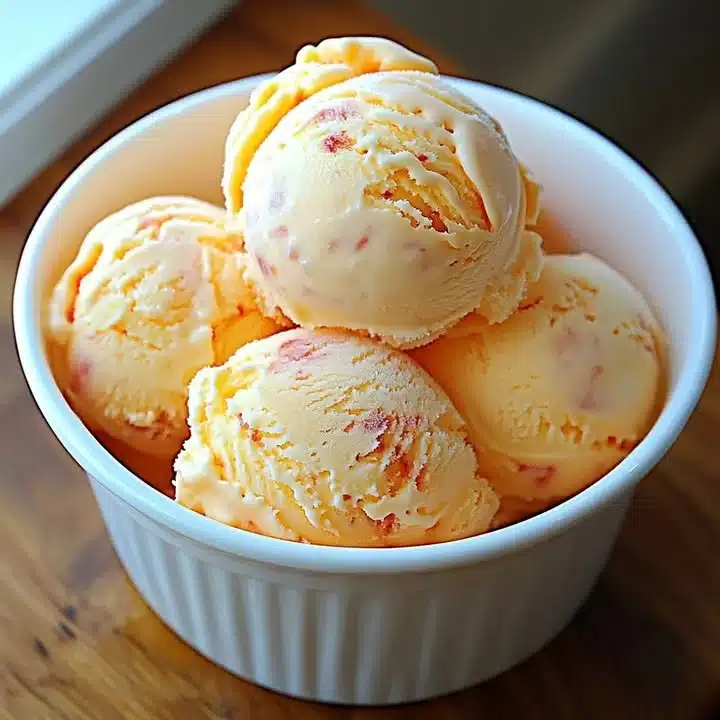Delicious homemade peach ice cream served in a bowl with fresh peaches.