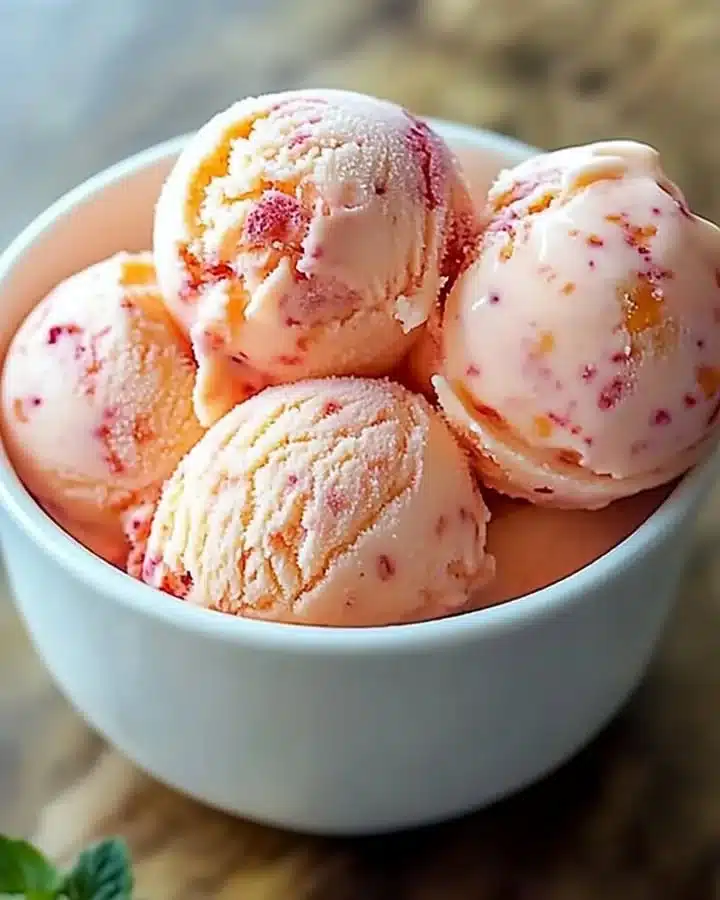 Bowl of homemade peach ice cream topped with fresh peach slices