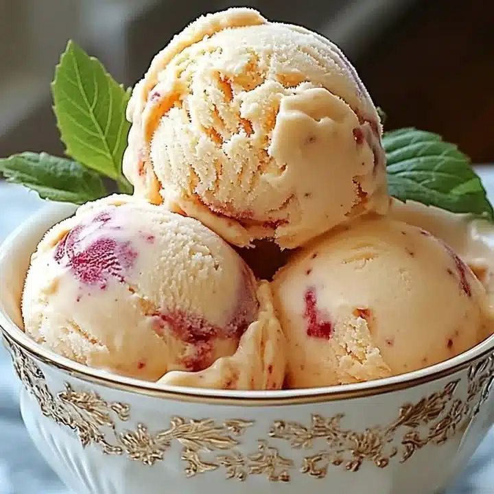 Bowl of creamy homemade peach ice cream with fresh peach slices on top.