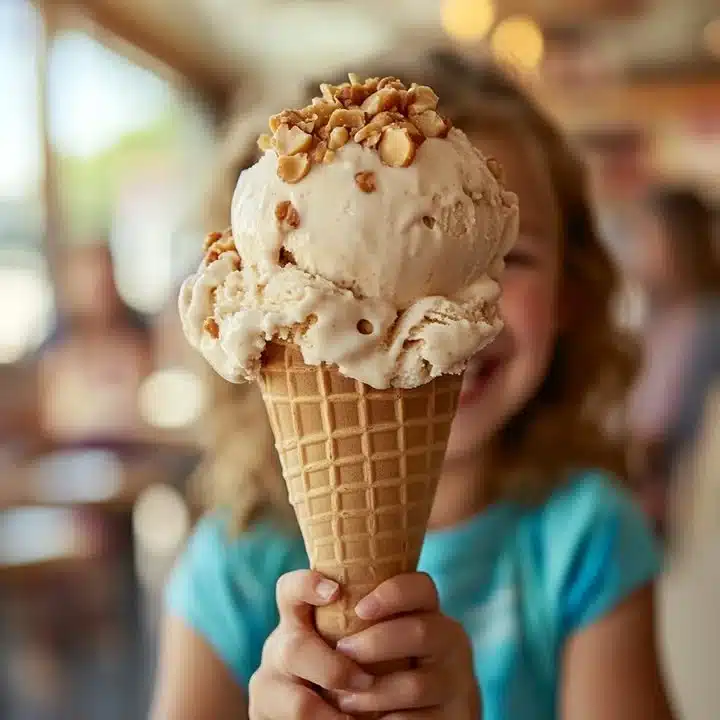 Bowl of creamy homemade peanut butter ice cream topped with nuts