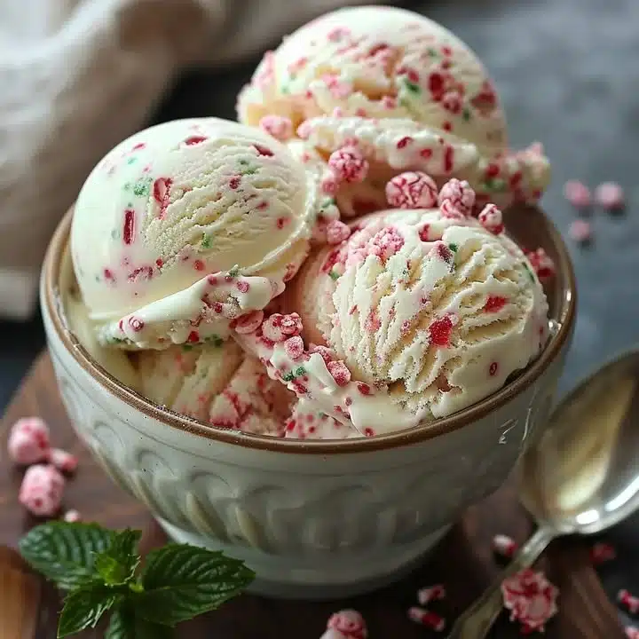Bowl of homemade peppermint ice cream topped with crushed candy canes