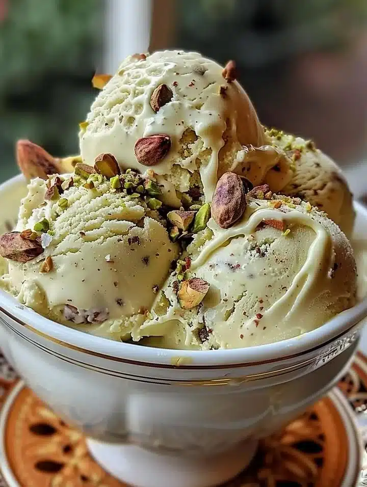 Bowl of homemade pistachio ice cream with crushed pistachios on top