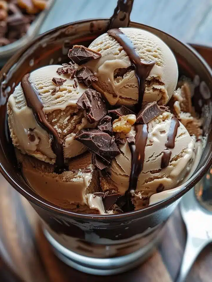 Bowl of homemade rich chocolate ice cream topped with chocolate shavings