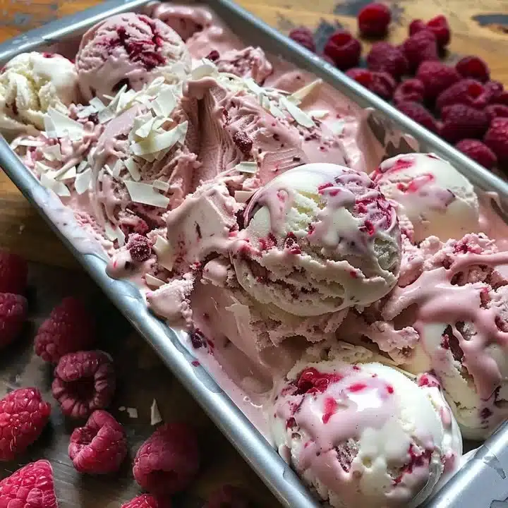 Delicious homemade raspberry ripple ice cream served in a bowl