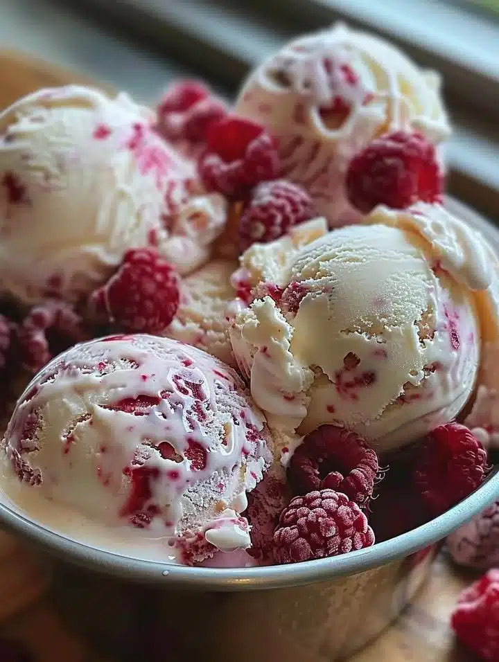 Delicious homemade raspberry ripple ice cream in a bowl with fresh raspberries.