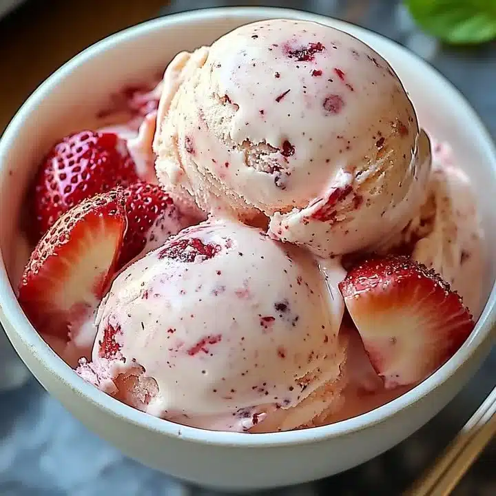 Homemade strawberry vanilla bean ice cream in a bowl with fresh strawberries